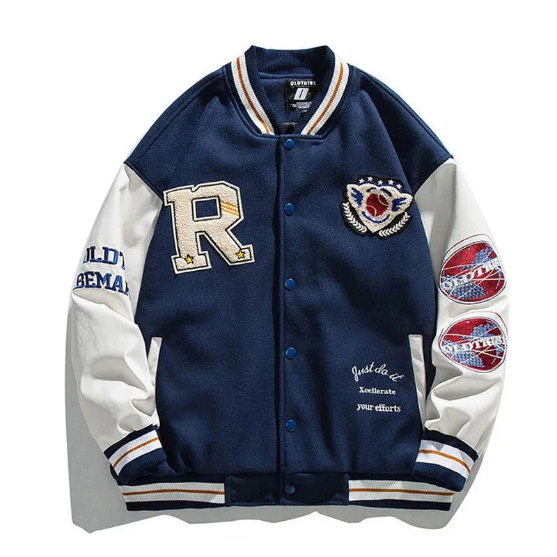 Giacche da uomo Distintivo Patch Lettera Ricamo Floccato Y2K Street Vintage Varsity College Giacca da uomo Cappotti da baseball Donna Streetwear Lusso Blu 231128