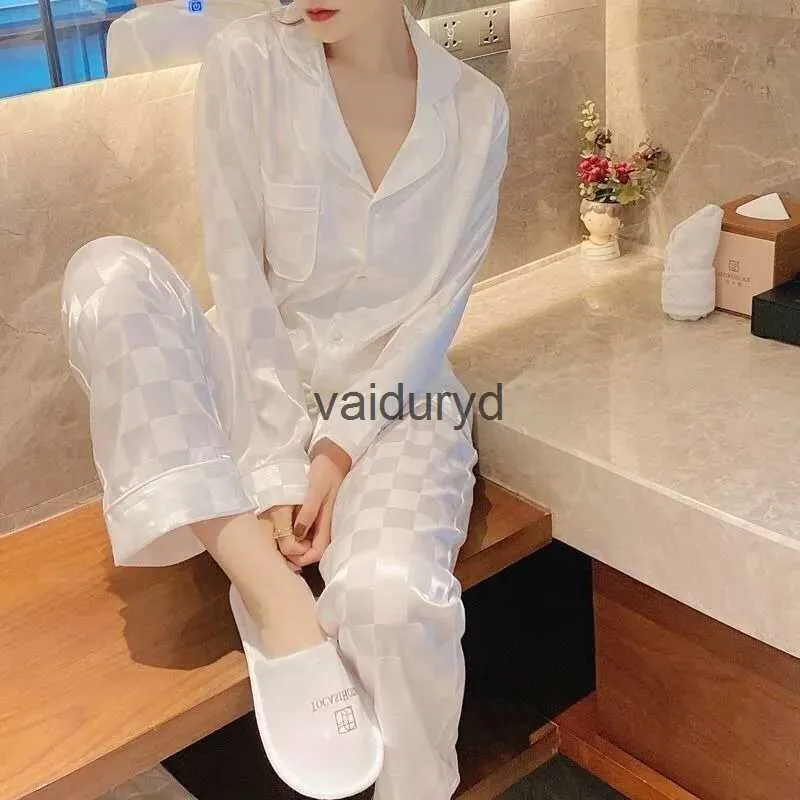 home clothing Jacquard Plaid Silk Pajamas Set for Women - Long-sleeved High-grade Ice Can Be Worn Outside Home Wearvaiduryd