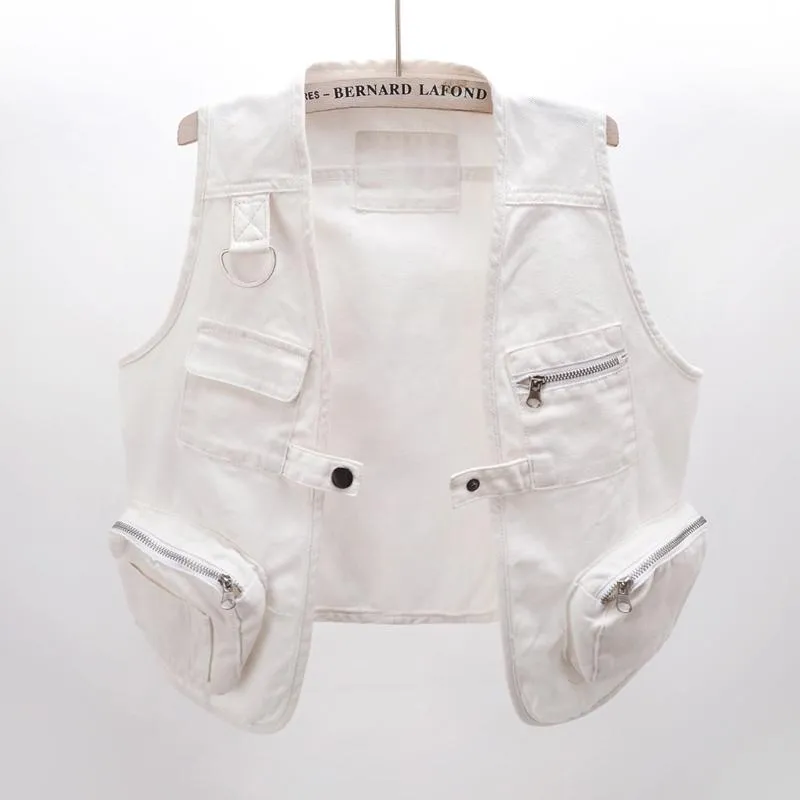 Couro verão coreano branco denim colete feminino cardigan solto curto grande bolso sem mangas jaqueta jeans coletes feminino streetwear