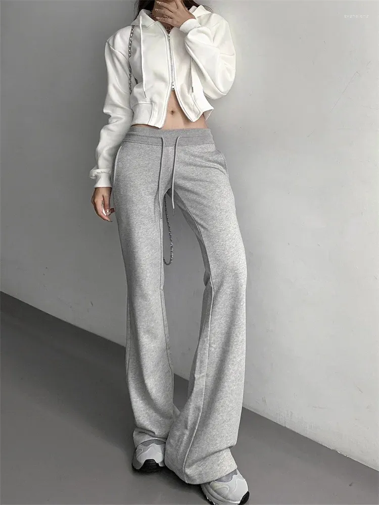 Women's Pants QWEEK Y2K Low Rise Gray Flare Leggings Women Korean Fashion Basic Black Flared American Vintage 90s Slim Sweatpants