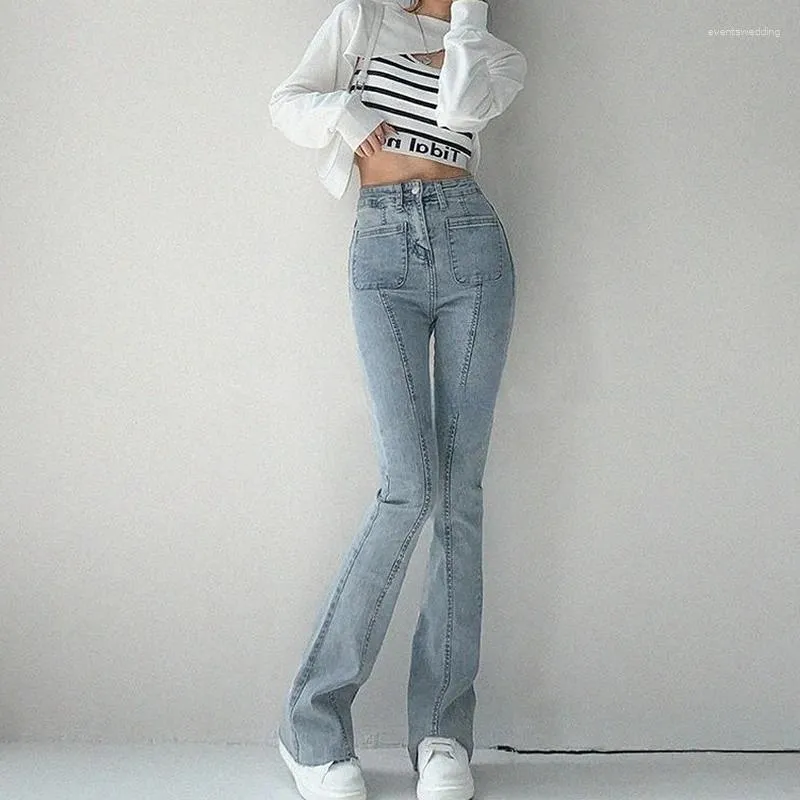 Damskie dżinsy damskie z kieszeniami spodnie Flare Woman Pants Slim Fit Chude Blue Bell Dno Flasher Korean Style Wiosna