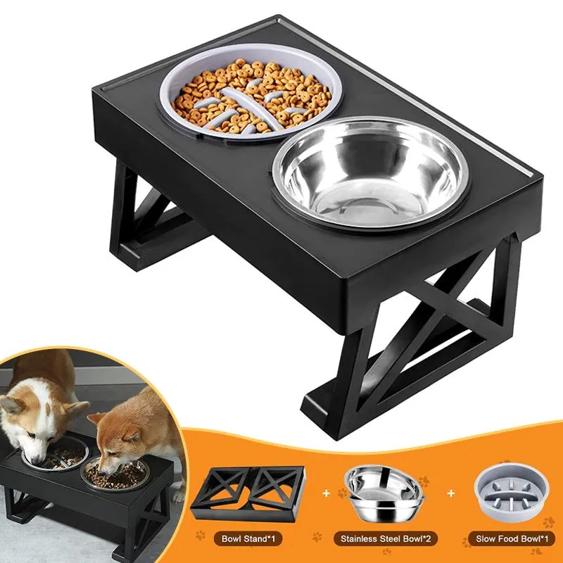 Feeding Elevated Dog Bowl Double Bowl Stand Adjustable Height Pet Feeding Dish for Different Shape Dog Food Water Stainless Slow Feeder