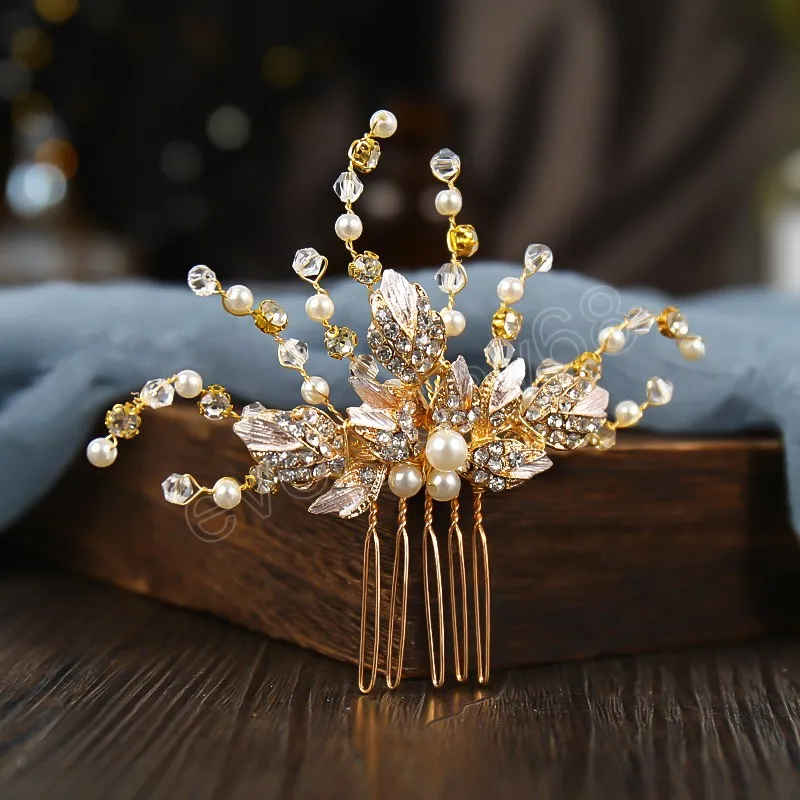 Bruiloft Bruids Haar Kam Parel Steentjes Hoofddeksel Marrige Party Haar Sieraden Luxe Gouden Bloemen Haarspeld Dame Tiara Geschenken