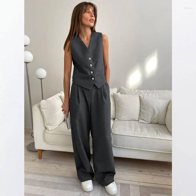 Pantalon de deux pièces pour femmes, unisexe, Style minimaliste, gris, gilet sans manches, ensemble de mode polyvalent pour les déplacements, deux pièces