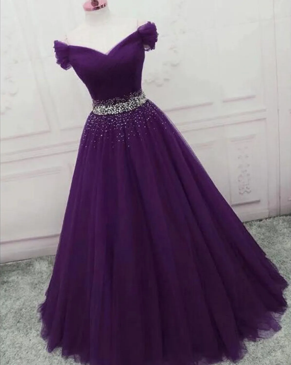 2024 Charming Dark Purple Prom Homecoming Dress Off Shoulder Beads Sequins Tulle Formal Birthday Party Gown Graduation Dresses Robe De Soiree