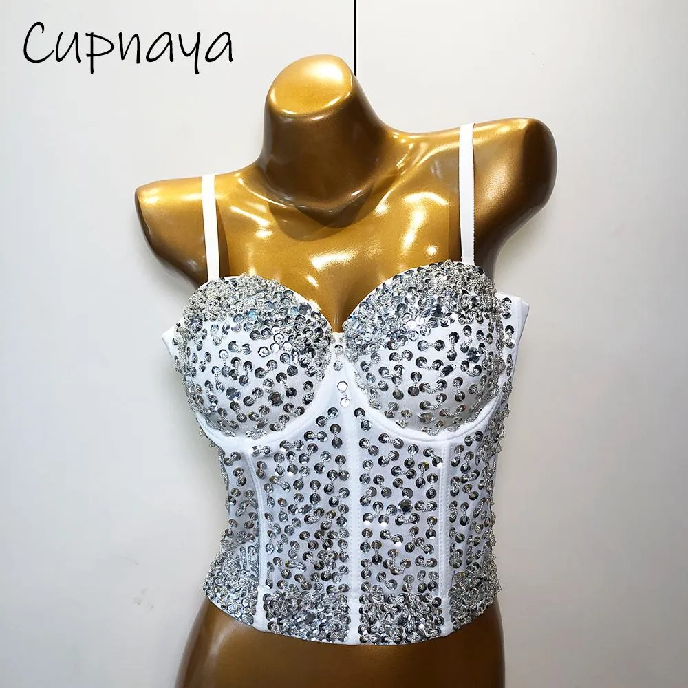 T-shirt cupnaya koreansk stil kvinnliga strass skörd topp sexig monterad push up bustier sommar damer korsett bralet camisole väst formkläder