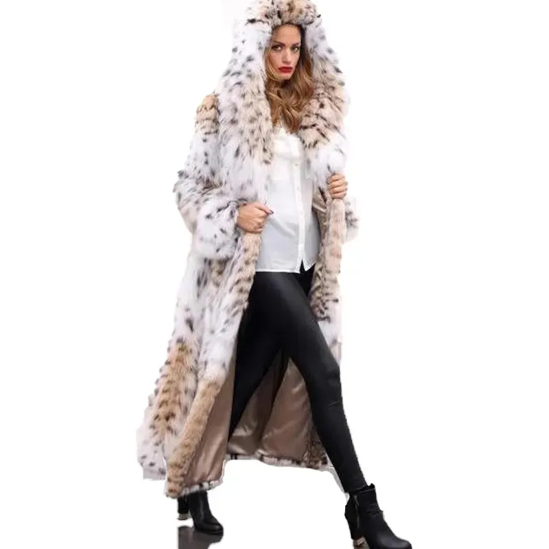 Winter Leopard Print Pelz Jacke frauen Mantel Anzug Mit Kapuze Nachahmung Fuchs Pelz Mantel Lange Faux Pelz Mantel