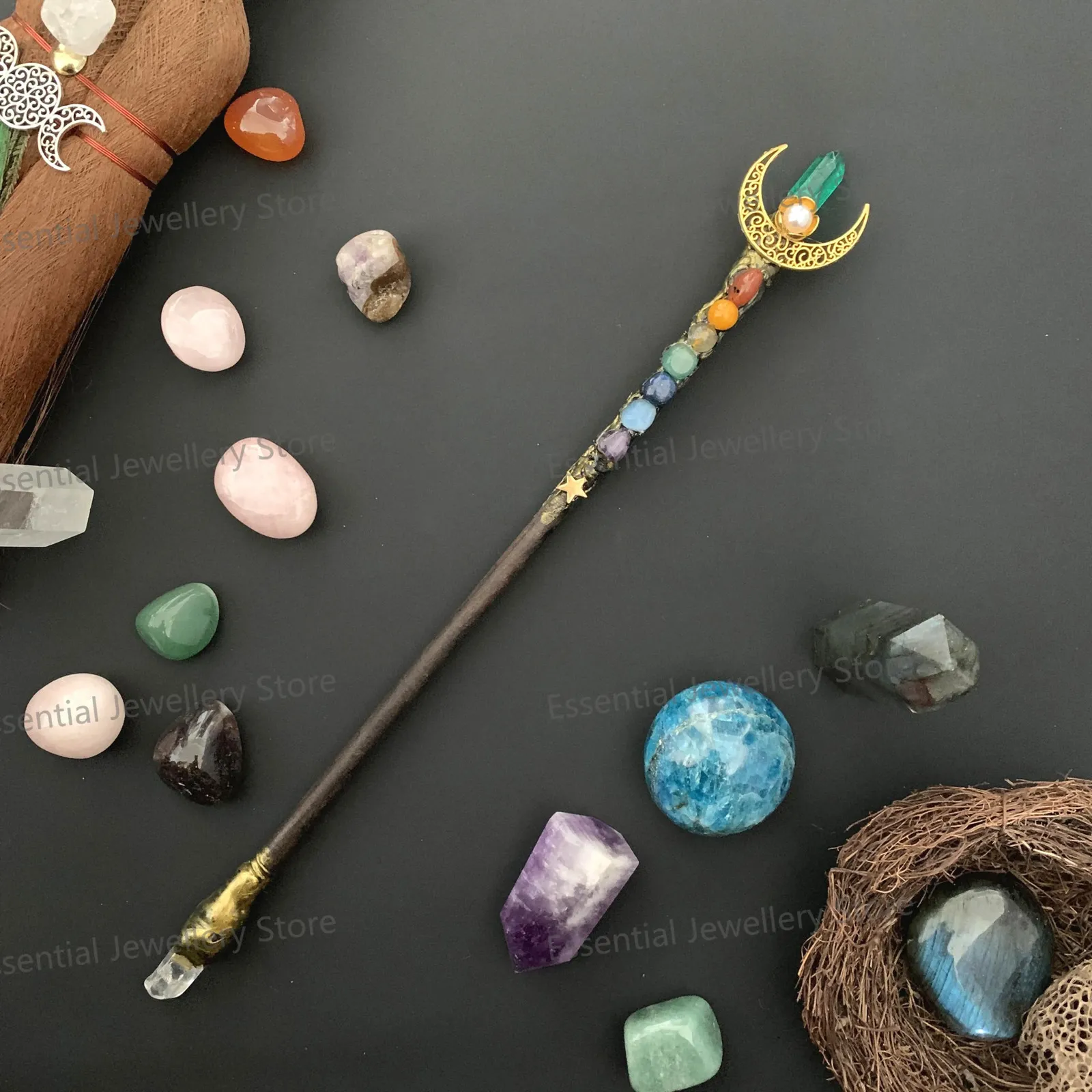 Düğün Mücevher Seti Wicca Scepter Magic Moon Stick Yedi Çakralar Doğal Şifa Kristal Wand Cadı Aksesuarları Suntar Ritüel Props Festival Hediyeleri 231128