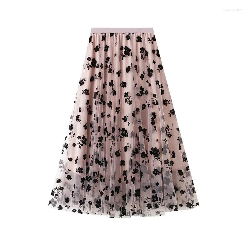 Jupes mode Floral Tulle jupe femmes printemps été taille haute plissée dames a-ligne Maxi femme Y2K Midi