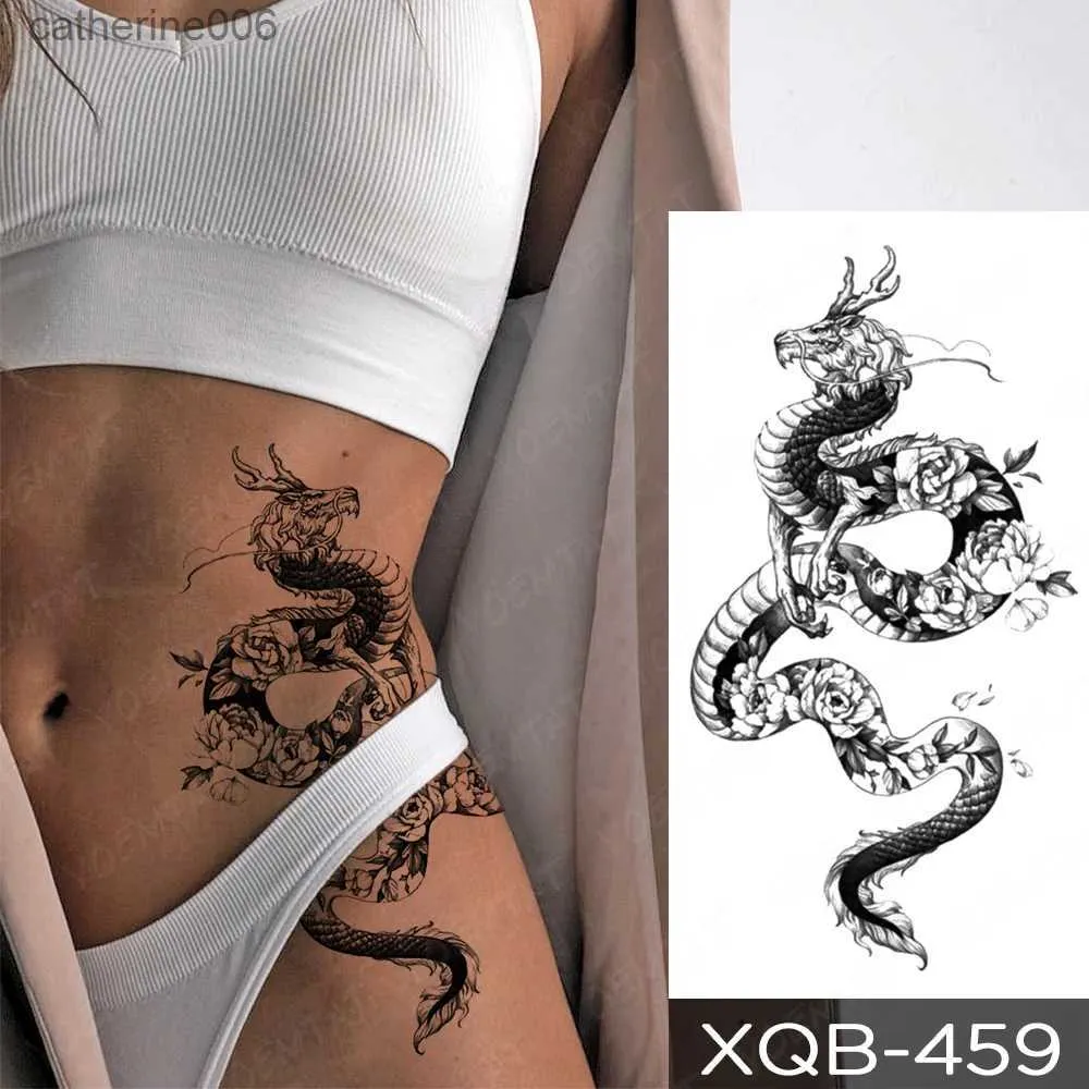 Tattoos Colored Drawing Stickers Waterproof Temporary Tattoo Sticker Black Dragon Snake Totem Peony Rose Flower Flash Tatto Women Men Arm Body Art Fake TattoosL231