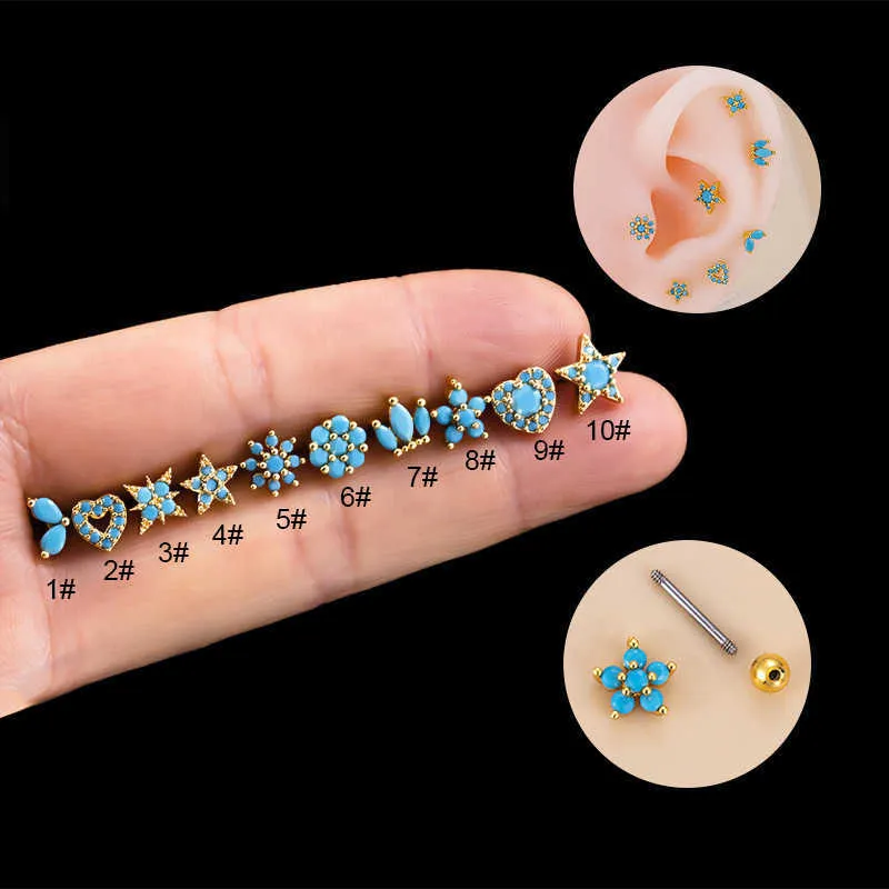 Earth Blue Artificial Stone Ear Bone Nail Double Head Screw Back Stud örhängen Rostfritt stål Tunna Rod Earnail Brosk Punktering Earring Studs Wholesale For Women