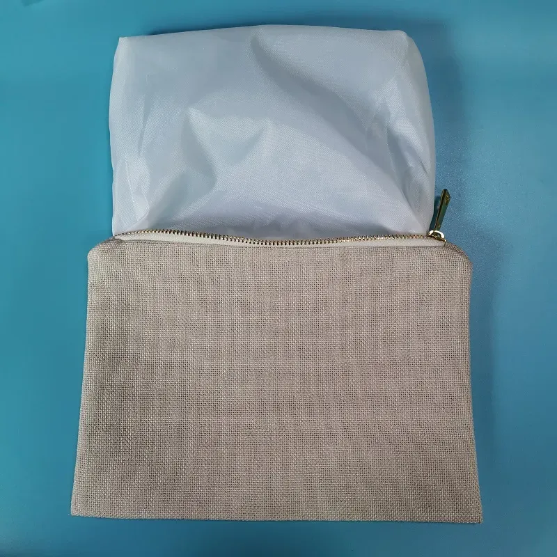 Plain Polyester Linen Makeup Storage Bag Small Wedding Guest Gift 6x9 Inches Cosmetic Bags- for Sublimation Blank Bags with Golden Zipper