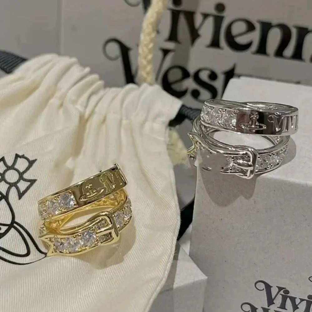 Designer vivienen Westwoods New Viviane 23 Year New Western Empress Dowager Double Layer Full Diamond Belt Buckle Ring Light Luxury Saturn Couple Ring Orig