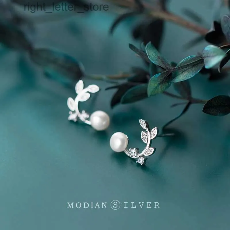 Stud Modian Olive Tree Liście kolczyka dla kobiet moda 925 Sterling Srebrny Elegancki Pearl Ear Pin Fine Jewelry Akcesoria YQ231128