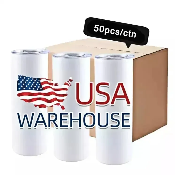 US/CA Warehouse Sublimation Blanks Tumblers 20oz rostfritt stål raka muggar vit tumbler med lock och halm Värmeöverföringsmugg Flaskor Presenter