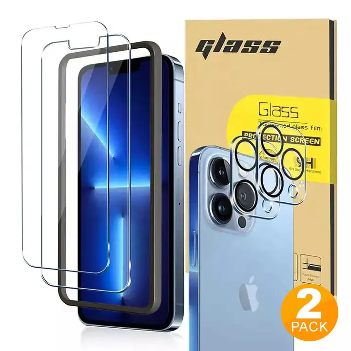 Protetor de tela de vidro temperado com capa completa para impressão em seda e protetor de lentes de câmera para iPhone 15 Pro Max 14 13 12 11 com kit de instalação