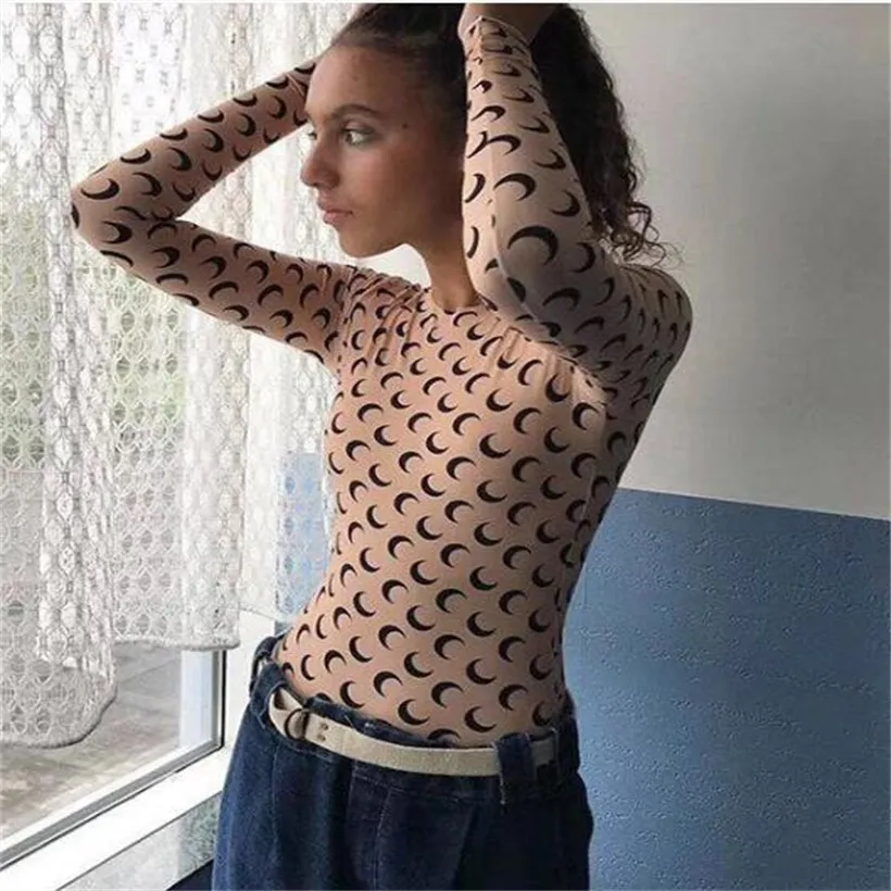 Tasarımcı Kadın Giyim Moda Kadın Tişörtleri Seksi Ay Baskı Üst Baskılı Stilist Kadınlar Uzun Kollu Grafik Tee Tunikleri Koszulka Damska Crescent