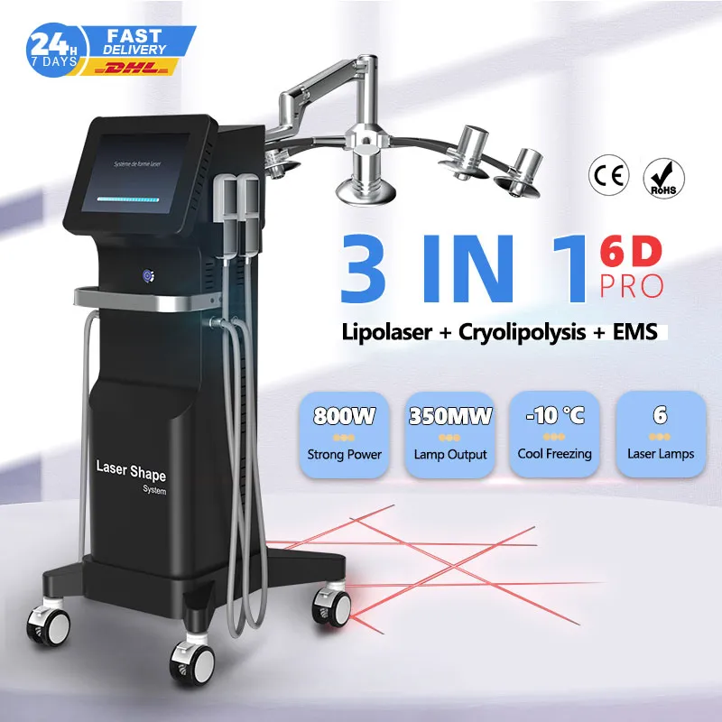 Emslim Slimming Machine Crytherapy 6D Cold Lipo Laser 635NM 3 in 1ボディシェーピング脂肪凍結減量マシン4 Cryo Pads 4モードEMS機器