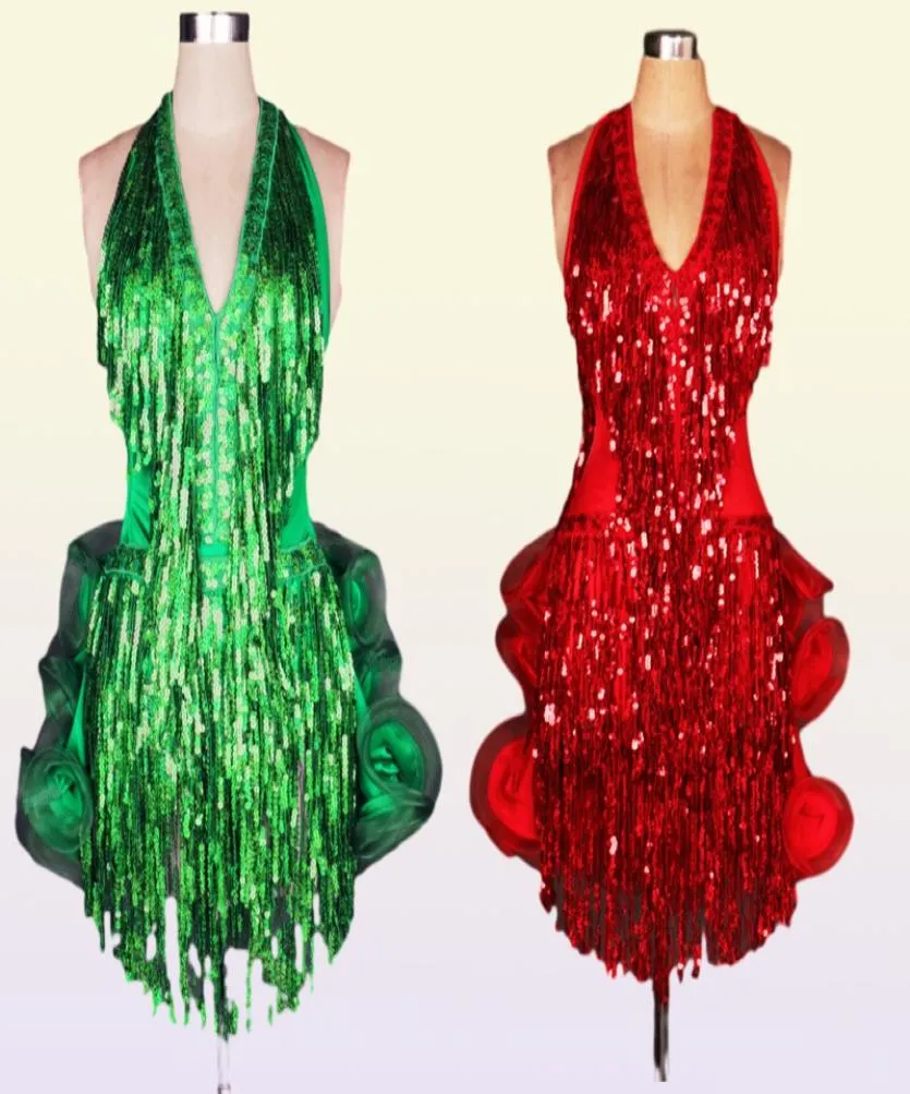 Latein-Tanzkleid, grün, professionelles Kostüm für Damen, Fransen, Samba-Kostüm, bunt, Ballsaal-Wettbewerbskleid für Damen, Quasten 86023357
