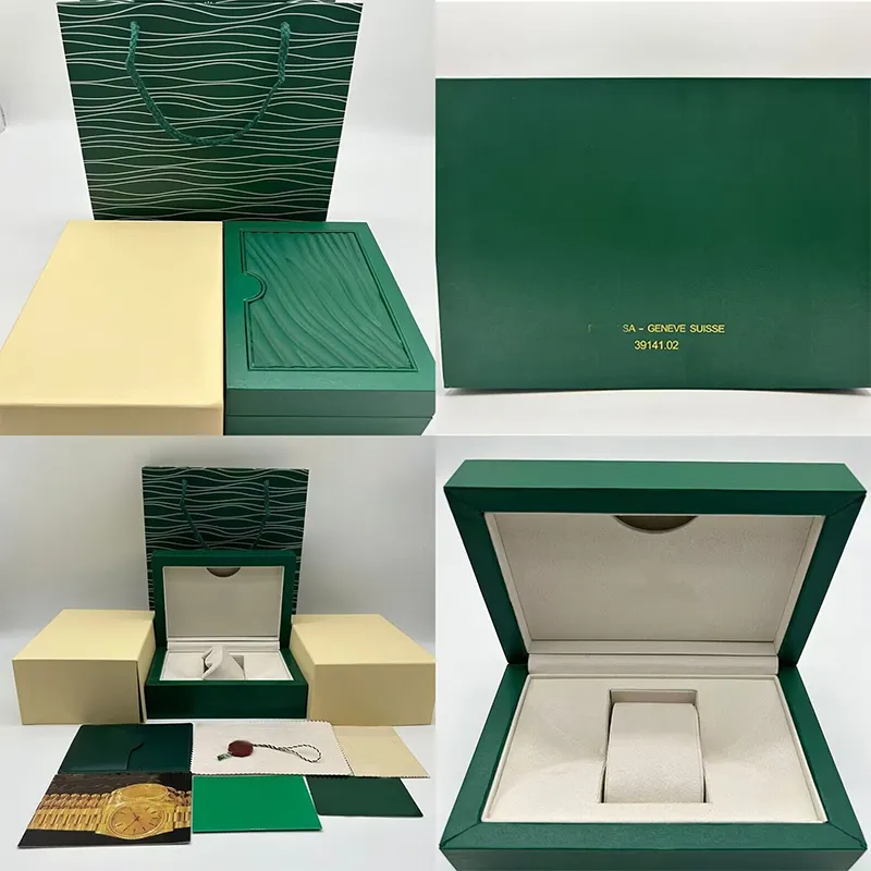 Scatola per orologi Rolex verde di alta qualità, scatola in legno per fabbrica di orologi da uomo e da donna, certificato di sacchetto di carta, scatola di primo livello per accessori per orologi di lusso, scatola essenziale per fabbrica di moda