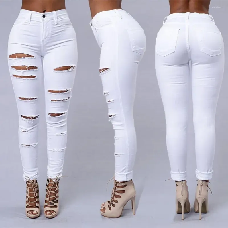Calças femininas calças casuais elegantes jeans rasgados de cintura alta magro ajuste macio elástico denim para comutar tornozelo-comprimento