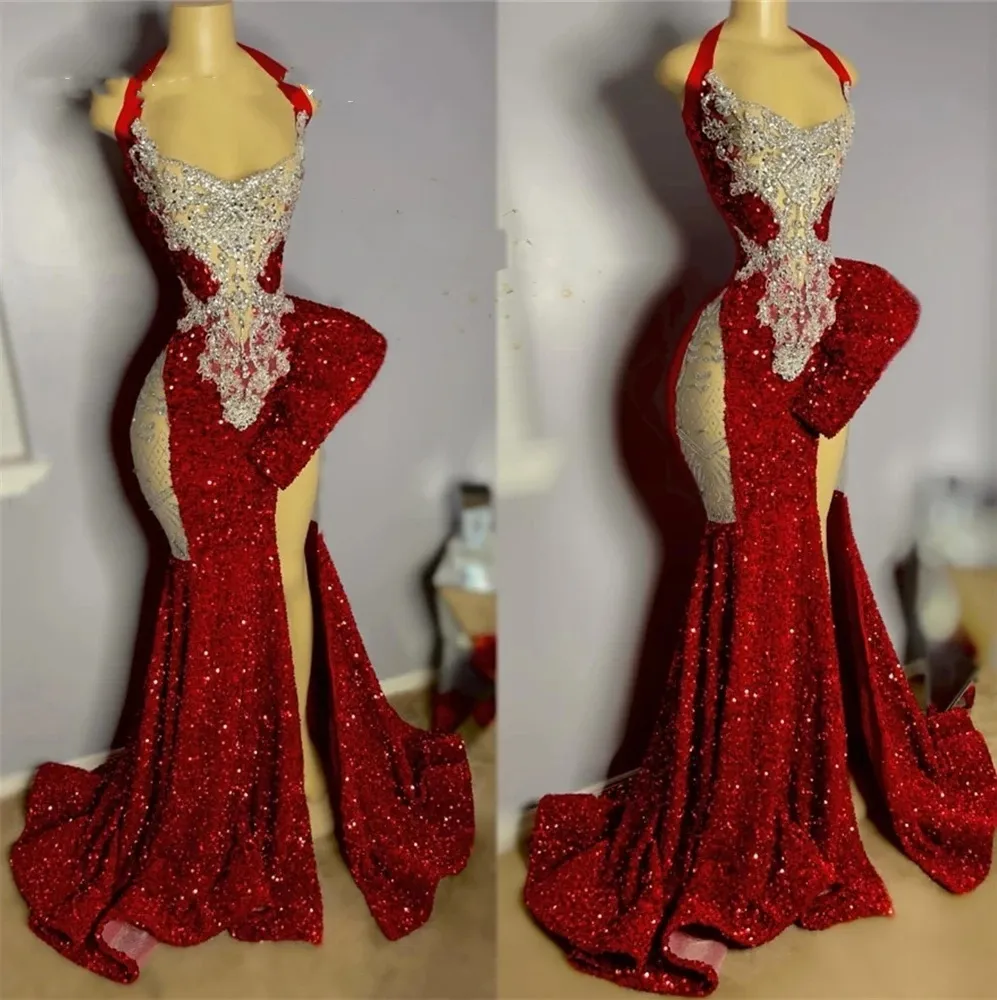 Red Halter Beaded Prom Party Dresses For Black Girls Crystal Sequined Birthday Evening Ocn Gowns High Slit Robe De Bal