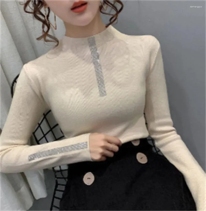 Frauen Pullover Unterwäsche Herbst Winter Schlank Strass Pullover Top Pullover Koreanische Mode Tops 2023 Frau Rollkragen