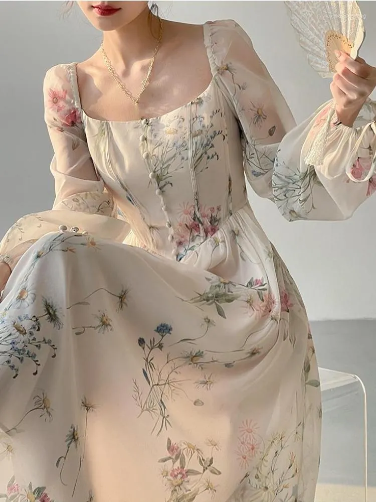 Robes décontractées français élégant robe florale bureau dame à manches longues plage Style même fête Midi femmes 2023 été Vintage