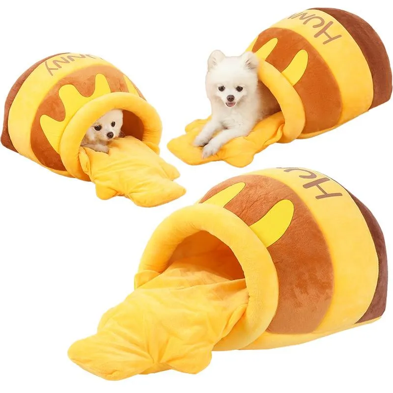 캐리어 꿀 냄비 고양이 침대 귀여운 플러시 애완 동물 강아지 둥지 집 4 계절 만화 따뜻한 매트 kawaii 개집용 작은 고양이 개