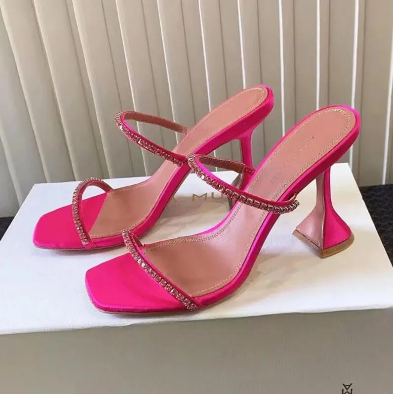 Amina muaddi sandals Gilda Slipper Fushia crystals 95mm strap spool Heels heel slipper sandals for women summer Luxury Designer Party dress women's shoe With box
