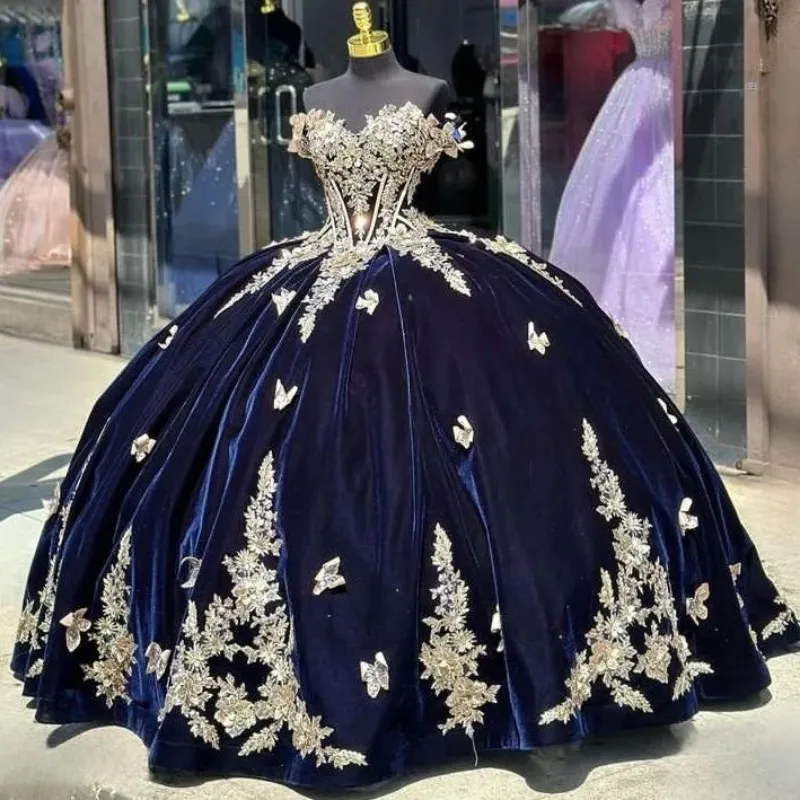 Lacivert quinceanera elbise omuz altın aplikler çiçekler yay partisi prenses tatlı 16 balo elbisesi vestidos de 15 anos