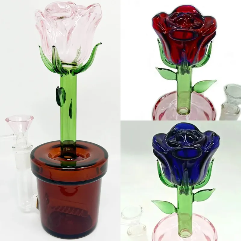 Vintage Pink Rose Flower Pot Glass Bong 10INCH Water Hookah Smoking Pipe With Bowl Original Glass Factory can put customer logo by DHL UPS CNE