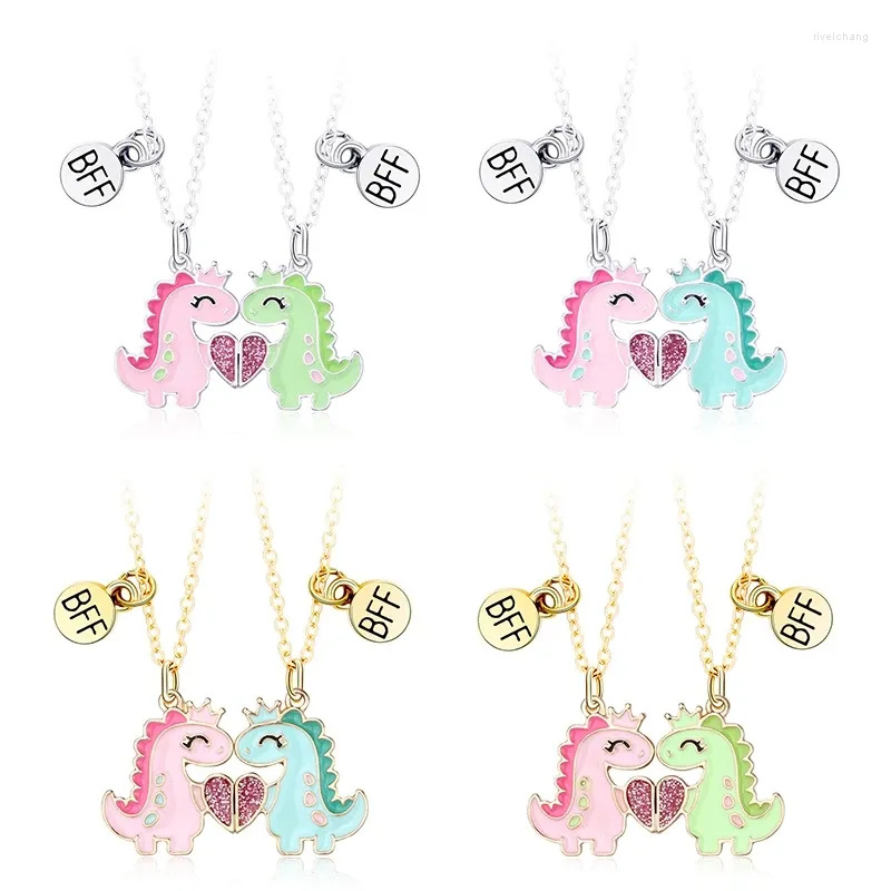 Pendentif Colliers 2pcs / Set Dessin animé Couronne Coeur Dinosaure Amis Collier Chaîne BFF Amitié Bijoux Cadeaux pour enfants