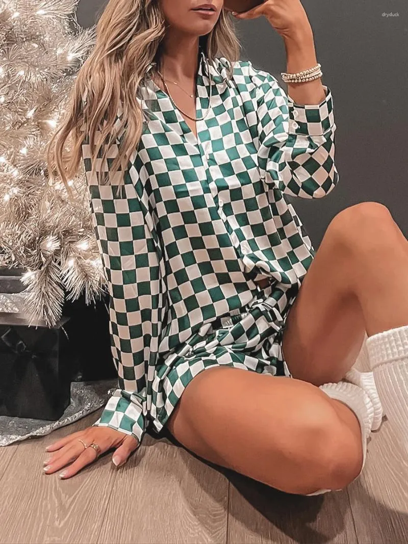 Survêtements pour femmes 2024 Pyjama 2 pièces Loungewear Vêtements de nuit Mode Plaid imprimé à manches longues Bouton de revers T-shirt Tops Casual Shorts