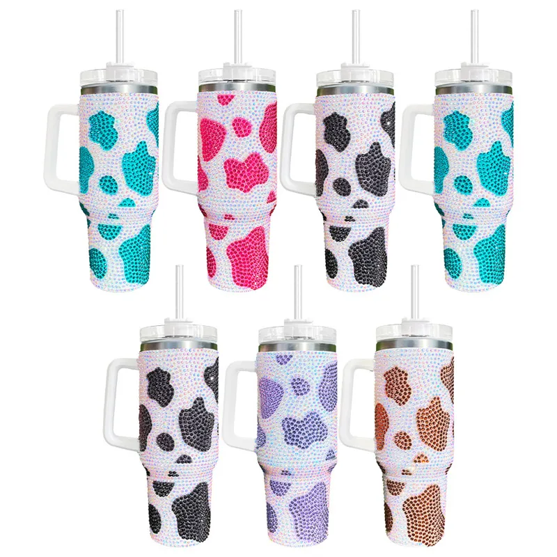 40oz tumblers with handle rhinestone cow print stainless steel double wall travel car mugs