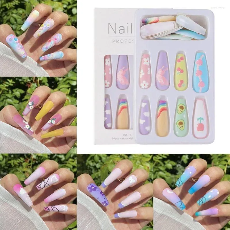 False Nails 24Pcs White Clouds Gel Press On Full Cover Flowers Fake Nail Tips Finished Fingernail Detachable