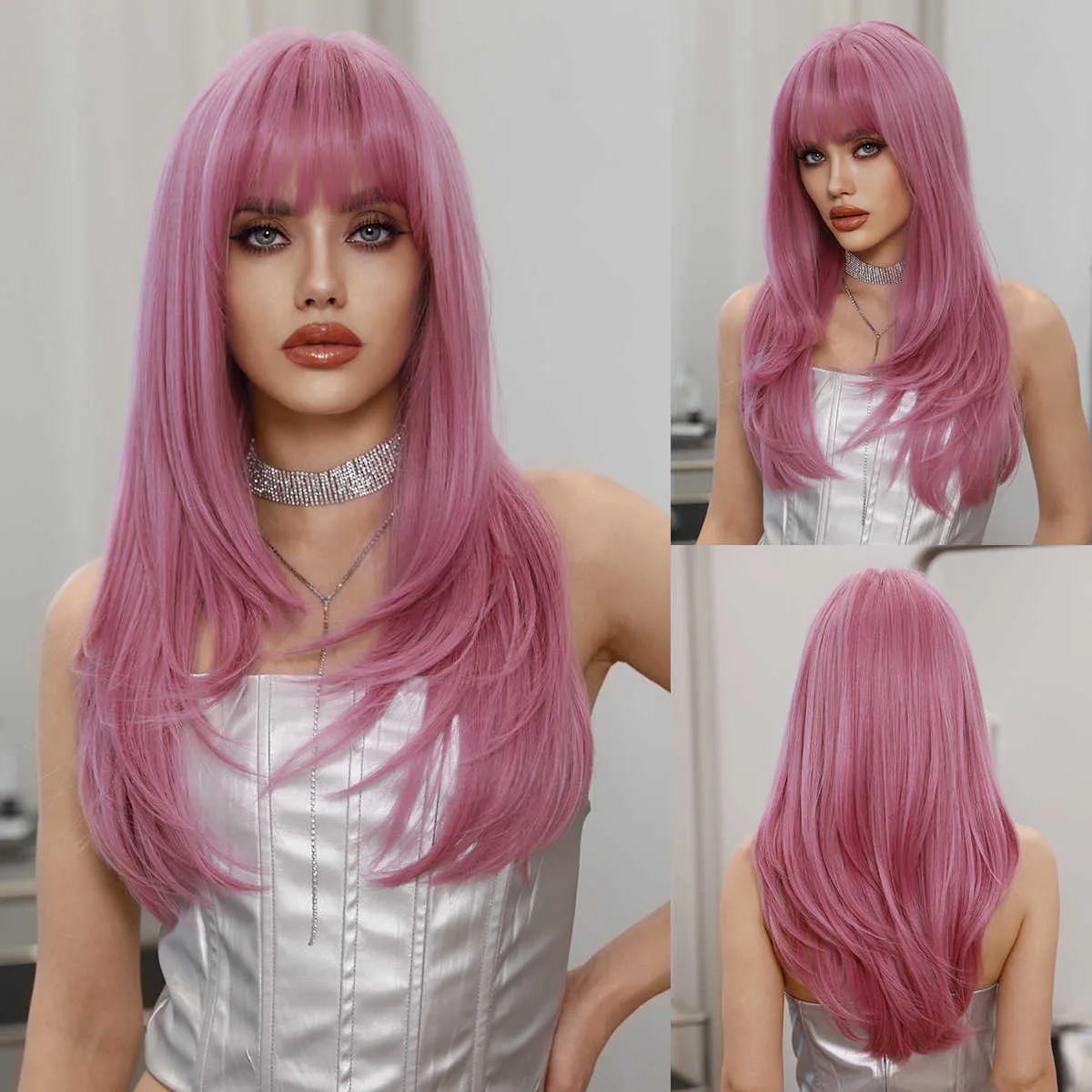 Perucas sintéticas rosa em camadas peruca feminina moda longa reta cabelo fino videira rosa roxo conjunto de cabeça de fibra química