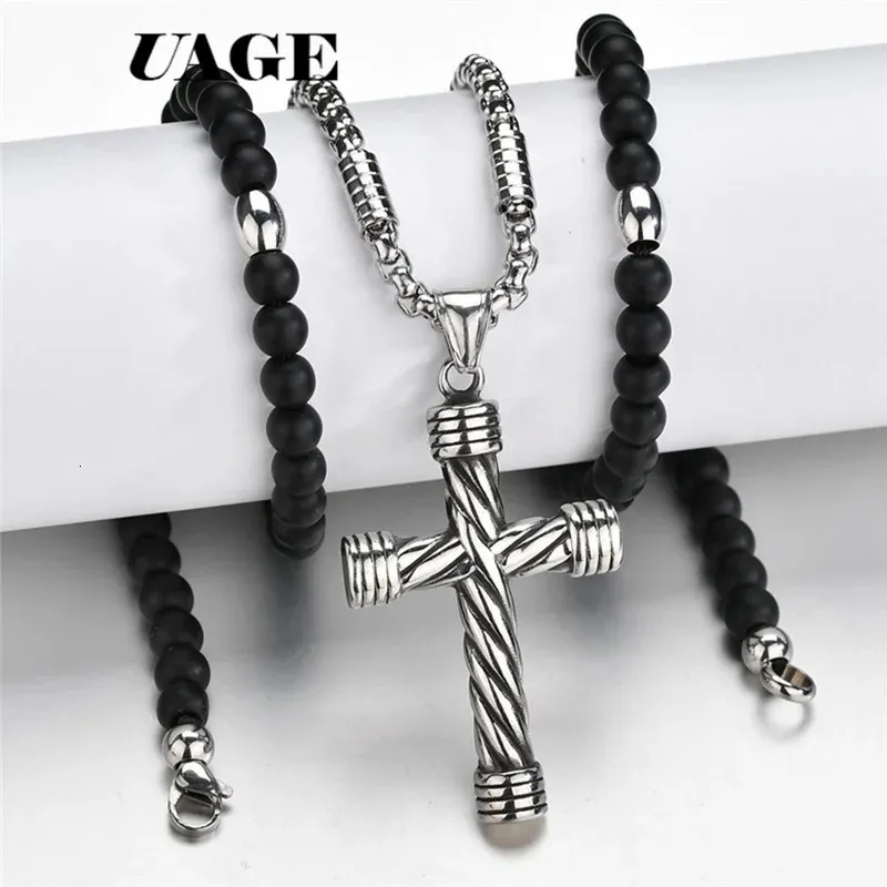 Pendant Necklaces UAGE Cross Pendant Necklace For Men Women 316L Stainless Steel Rosary Beads Necklace Religious Jewelry 231127