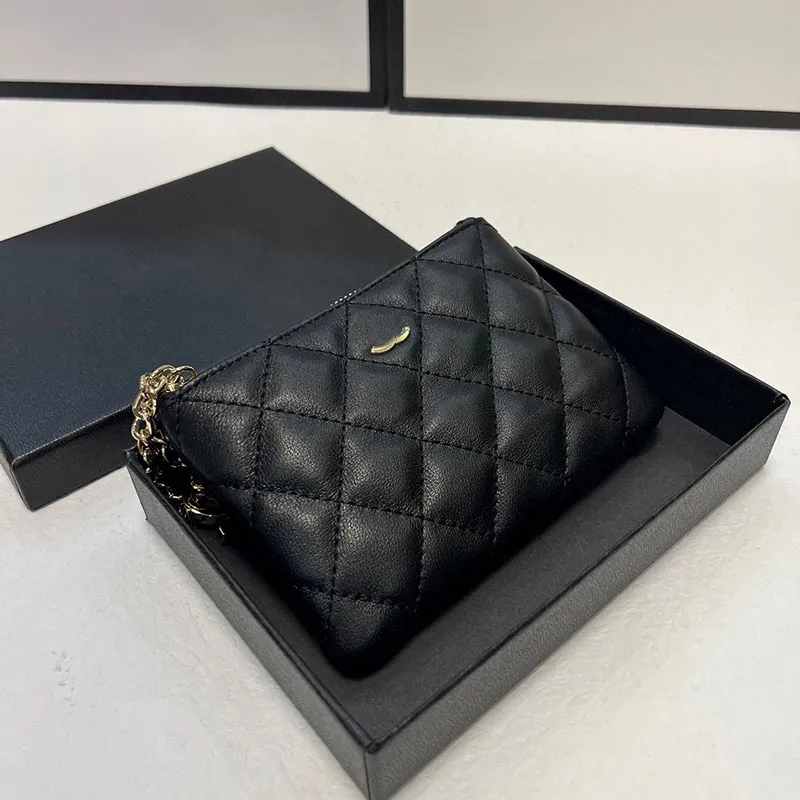 Mini portamonete di design da donna Borsa con cerniera Mini ciondolo con sfera d'oro Catena in metallo Pelle di agnello Pelle di diamante Trapuntata 14,5 cm Pochette di lusso Portafoglio Borsa Sacoche