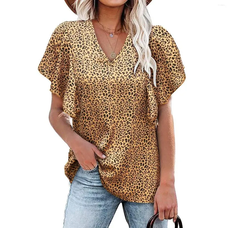 Women's T Shirts Floral Women Ruched Easy Care Pullover V-Neck T-Shirt Casual Butterfly Sleeve Summer Polyester Short T-Shirts