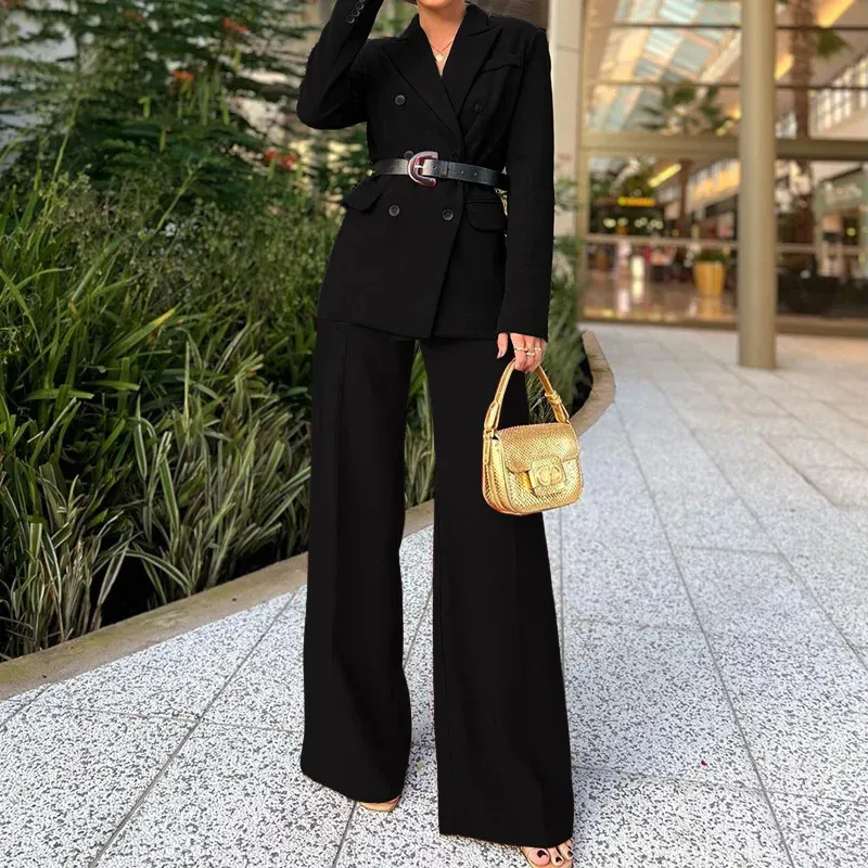 Women's Two Piece Pant's 2 Pant Set Black Pieces Sets Pants For Wome Belt  Blazer Jacket Straight Wide Leg Trousers Outfits Classy Clothes 231128