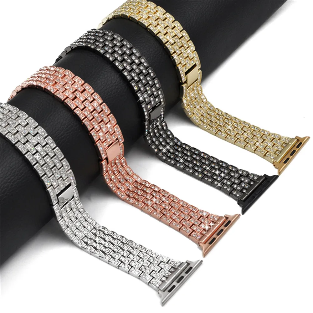 Cinturini intelligenti indossabili di lusso Cinque perline Trapano completo con cinturino da polso in metallo con punta diamantata per Apple Watch Series 3 4 5 6 7 8 Ultra 49mm 38 40 41 42 44 45mm