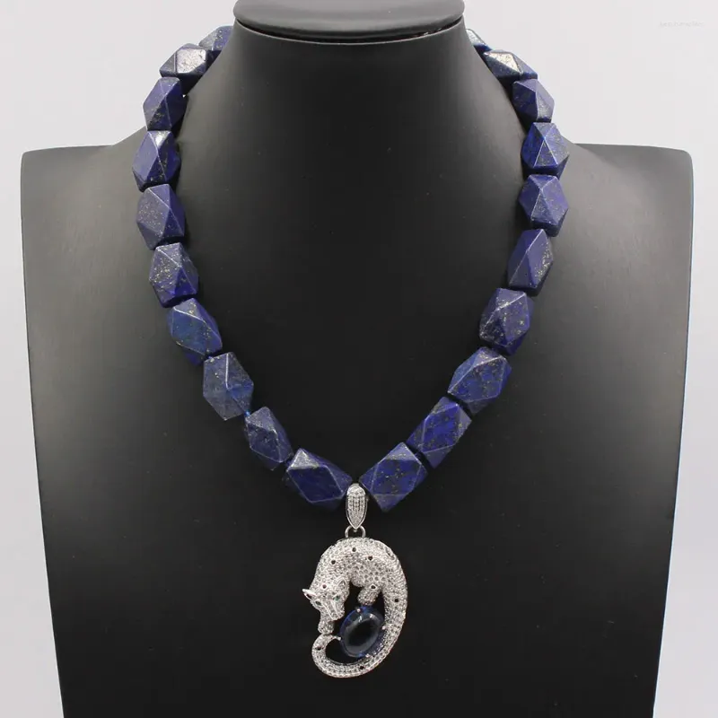 Anhänger Halsketten GuaiGuai Schmuck Natürliche facettierte blaue Lapislazuli Nugget Halskette 18'' CZ gepflasterte Tier handgefertigt für Dame