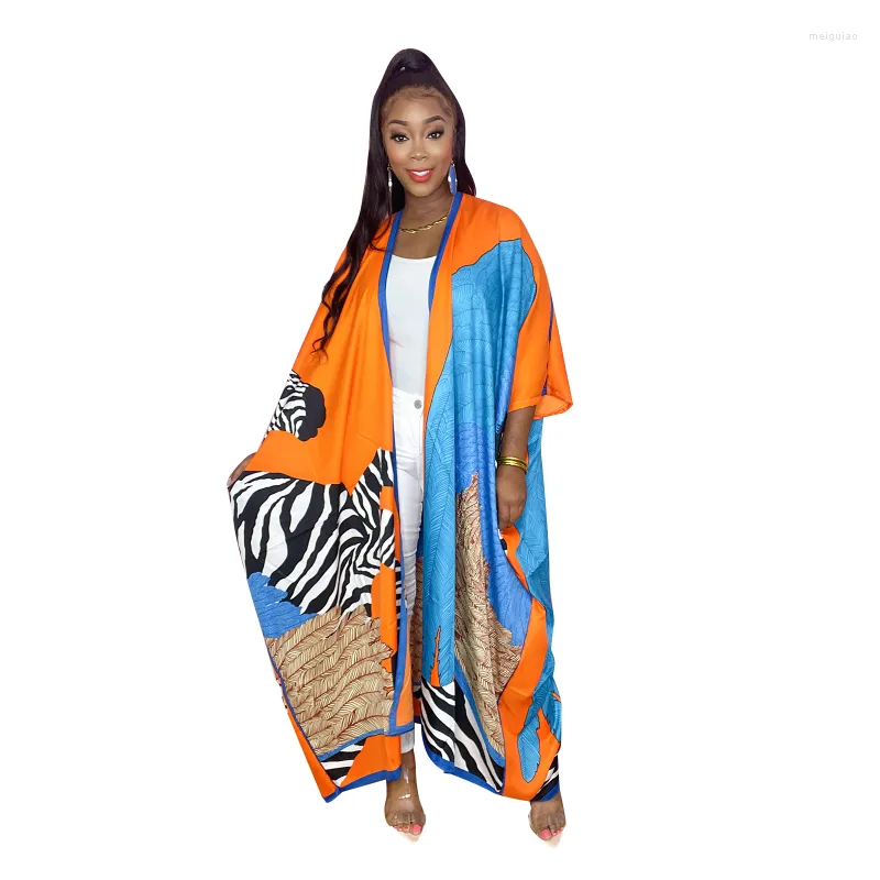 Ropa étnica Casual Kuwait Estampado floral Manga murciélago Playa Bohemio Kimono Vestido para mujer Traje de baño africano Vintage Frente abierto Kaftan