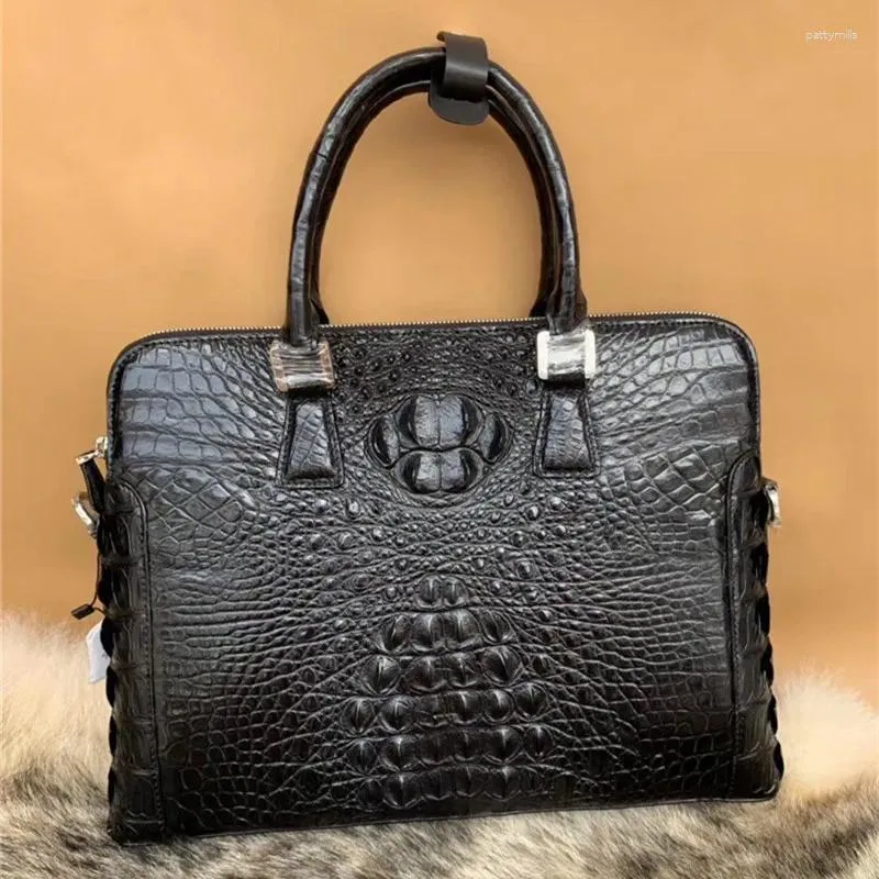 BRECHUSES Business Style äkta Crocodile Skin Hud Men's Work Purse Handbag Authentic Alligator Leather dragkedja Stängning Portfölj Bag för människan