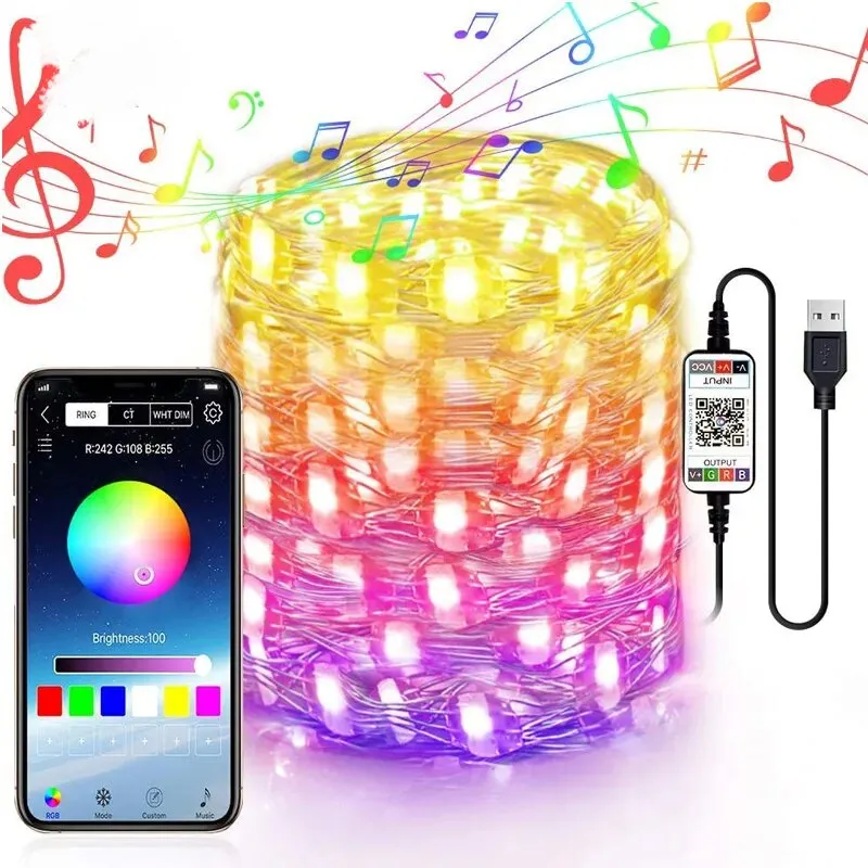 Luzes de corda de fada USB 2m 5m 10m 20m impermeável 16 cores Alterando luzes de fio de lasca Bluetooth para o teto do quarto artesanal Natal