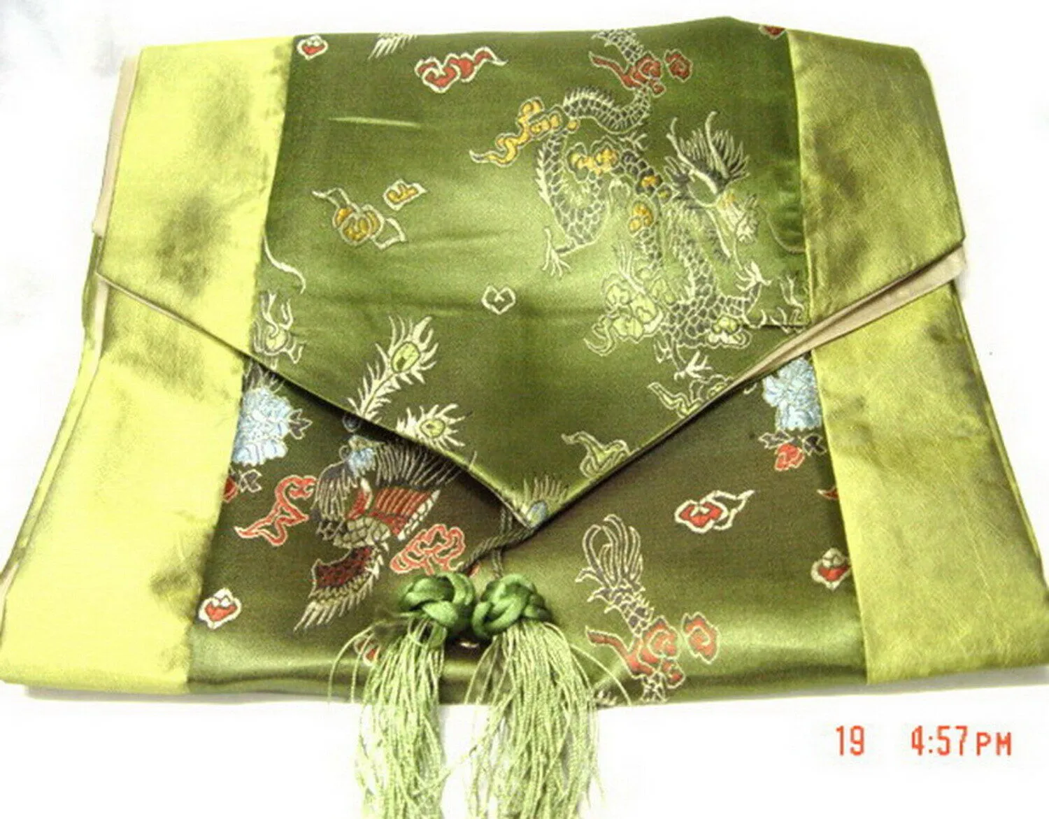 Toalha de mesa bordada de seda verde com padrões asiáticos DragonPhoenix