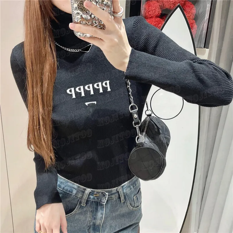 Jacquard Letter Women Sweaters Knits Shirt Topps Slim High Neck Sticke Hoodie Classic Ins Style Ladies Bottoming Shirt