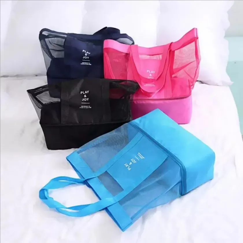 4 färger Kvinnor Mesh Beach Bag Portable Handväskor med dubbla lager Picknickkylare Tygväska för hemresor Picknicklagring TT0428