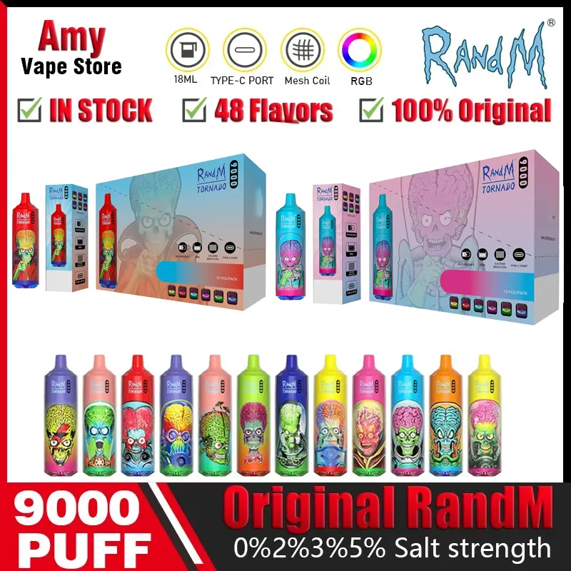 Original RandM Tornado 9000 Puff Disposable E Cigarettes 0.8ohm Mesh Coil 18ml Pod Battery Rechargeable Cigs Puff 9K 0% 2% 3% 5% Vape Pen 43 Flavors ship one day